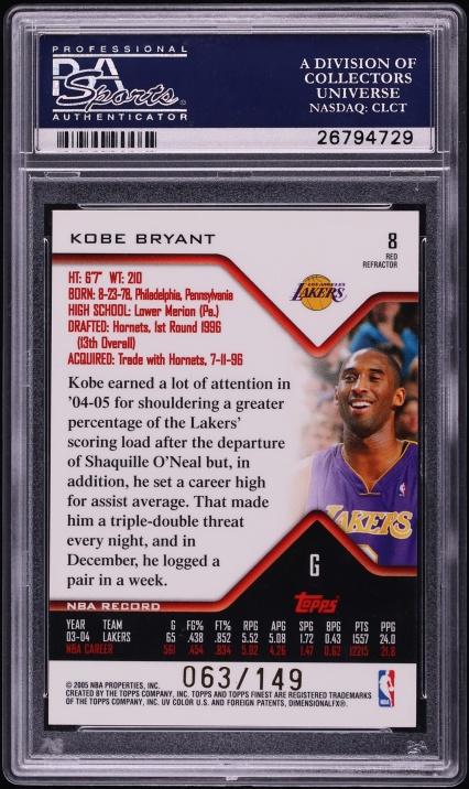 2004 Finest Red Refractor Kobe Bryant /149 #8 PSA 10 GEM MINT