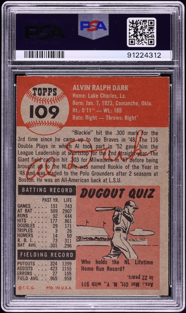 1953 Topps Alvin Dark SHORT PRINT #109 PSA 6 EXMT
