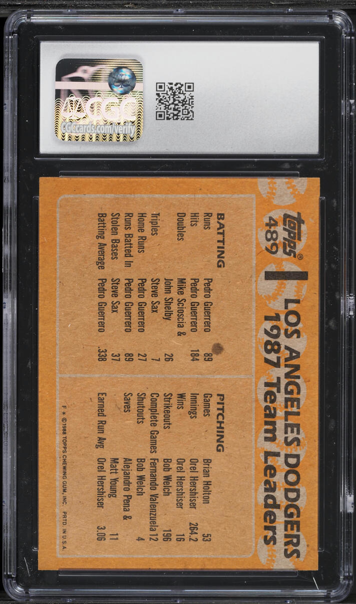 1988 Topps Pedro Guerrero Fernando Valenzuela DODGERS TEAM LEADERS #489 CGC 7.5 NRMT+
