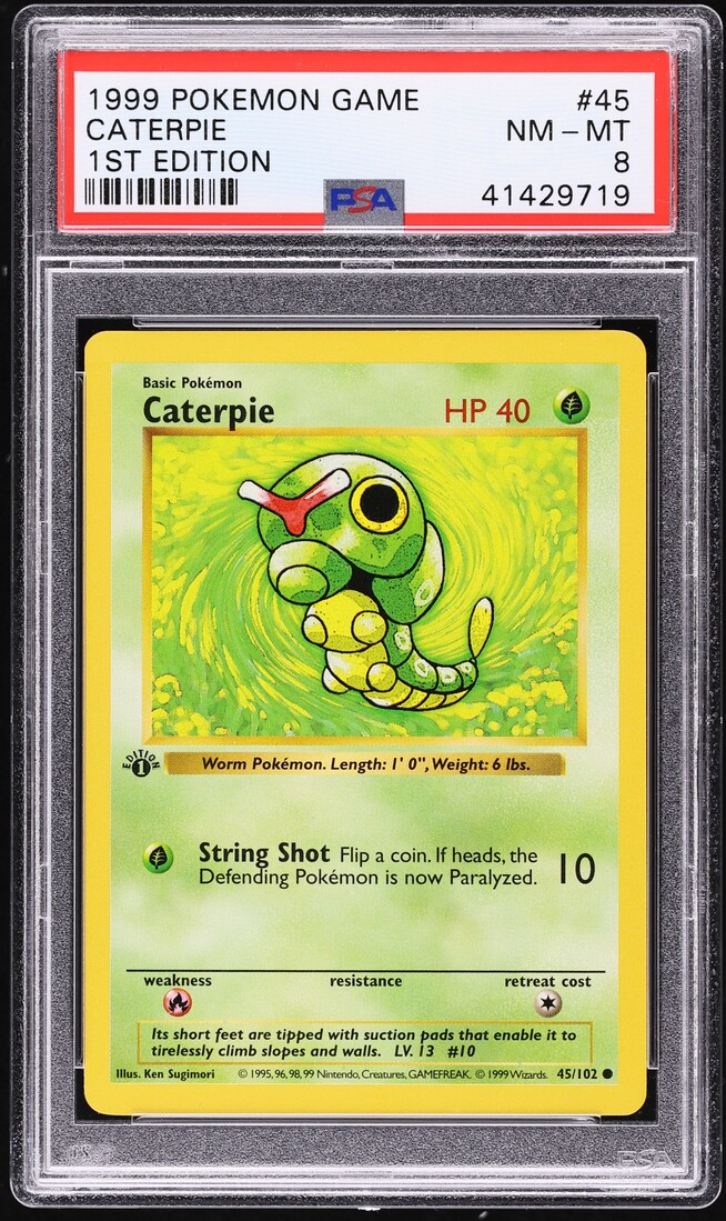 1999 Pokemon Base Set Shadowless 1st Edition Caterpie #45 PSA 8 NM-MT