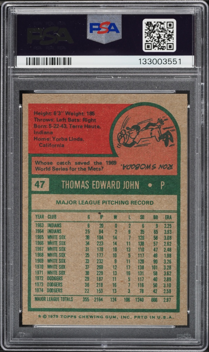 1975 Topps Tommy John #47 PSA 7 NRMT