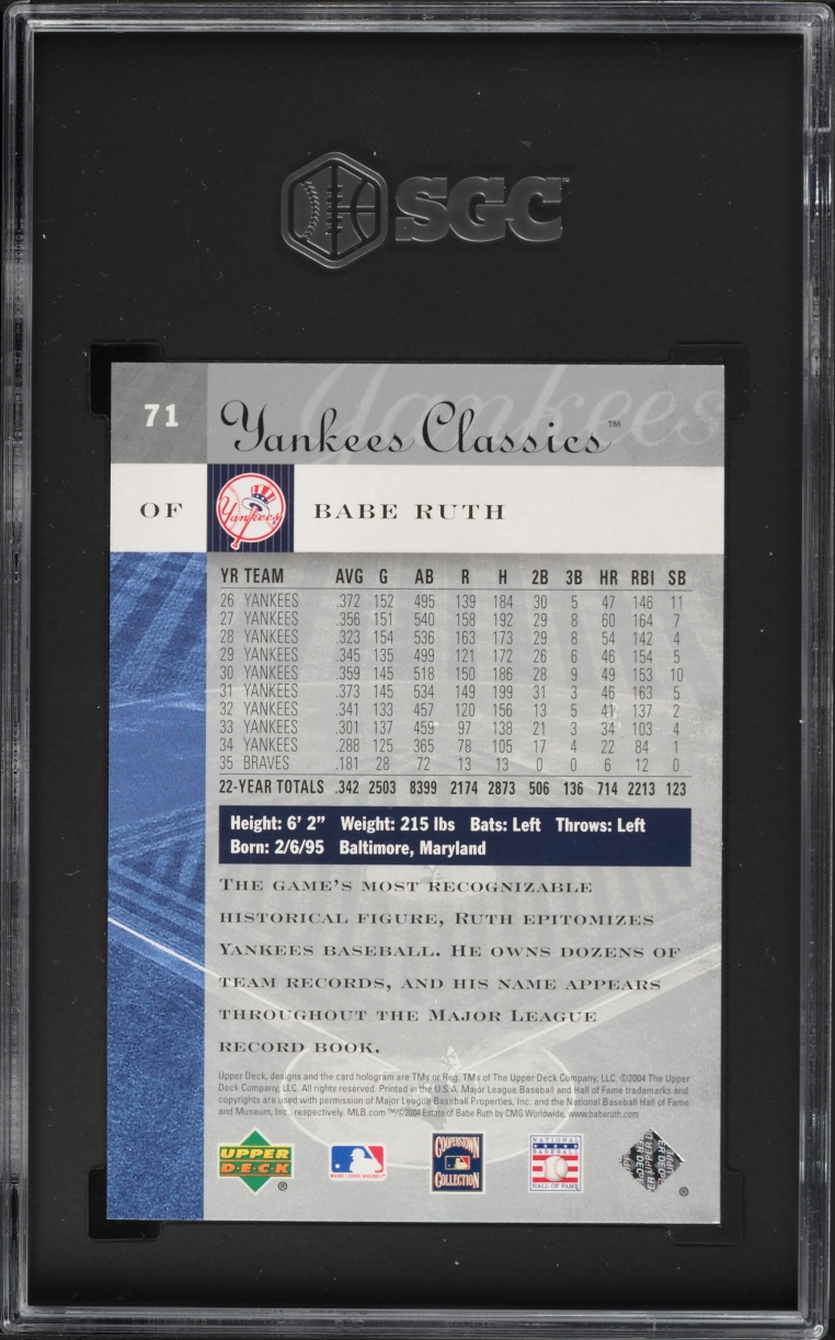 2004 Upper Deck Yankees Classics Babe Ruth #71 SGC 9 MINT