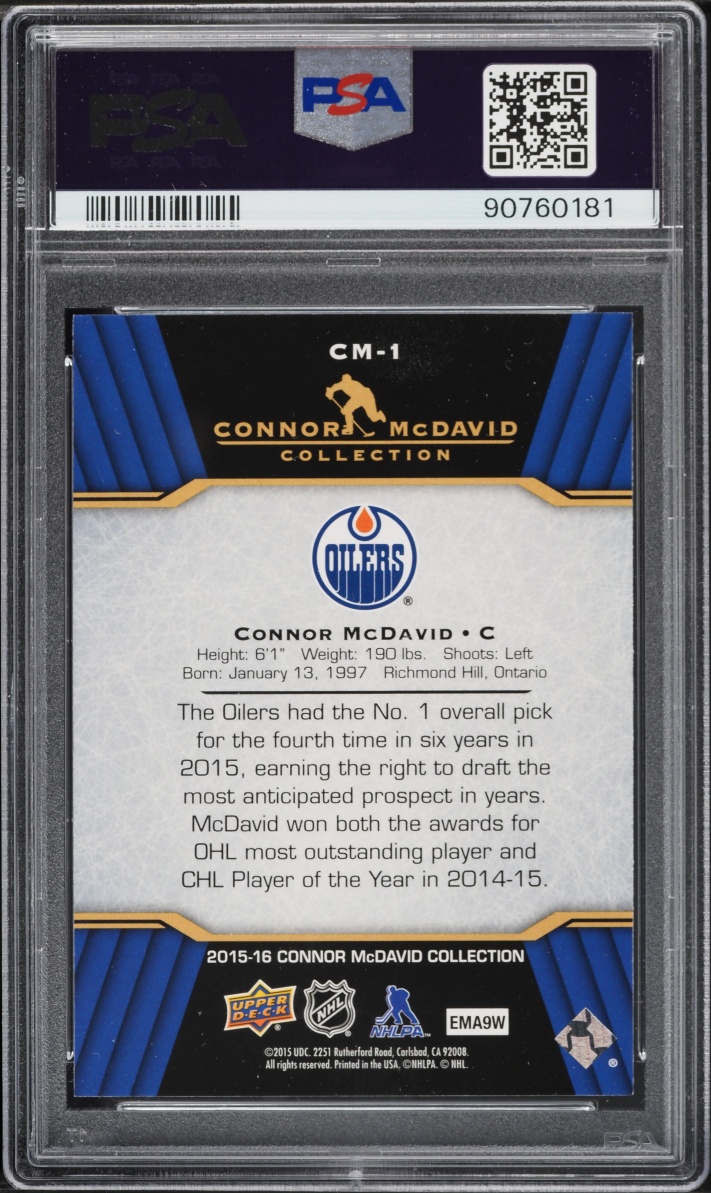 2015 Upper Deck Connor McDavid Collection Connor McDavid ROOKIE ROOKIE #CM-1 PSA 9 MINT