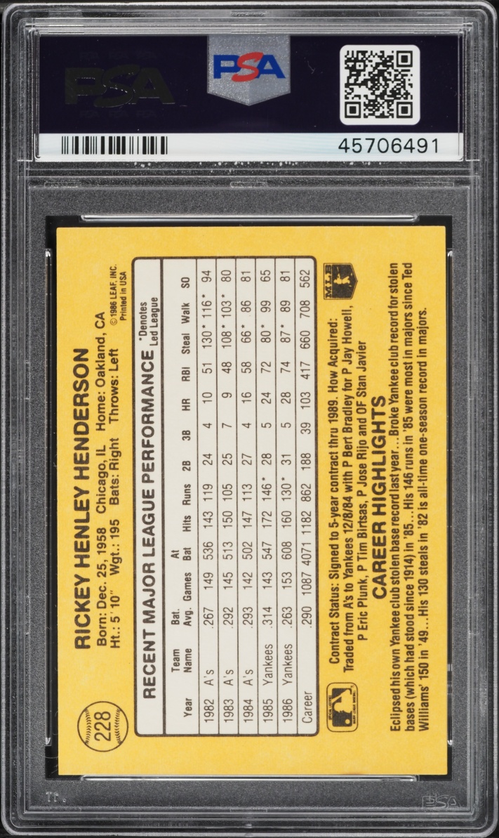 1987 Donruss Rickey Henderson #228 PSA 9 MINT