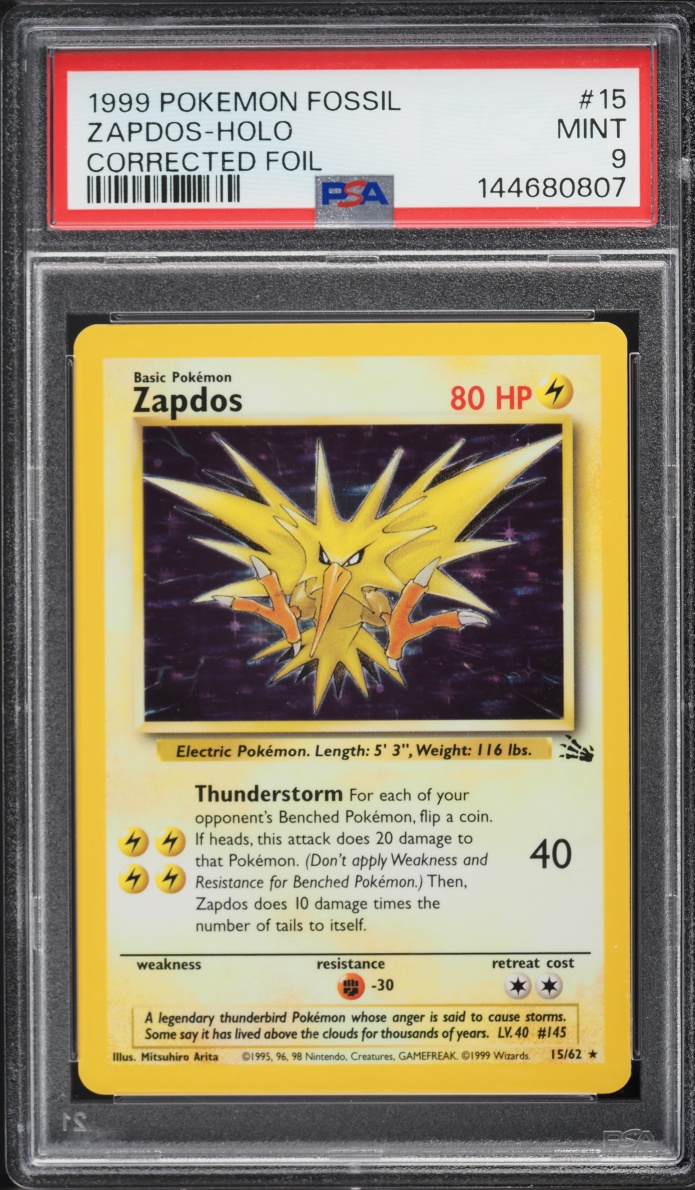 1999 Pokemon Fossil Corrected Holo Zapdos #15 PSA 9 MINT