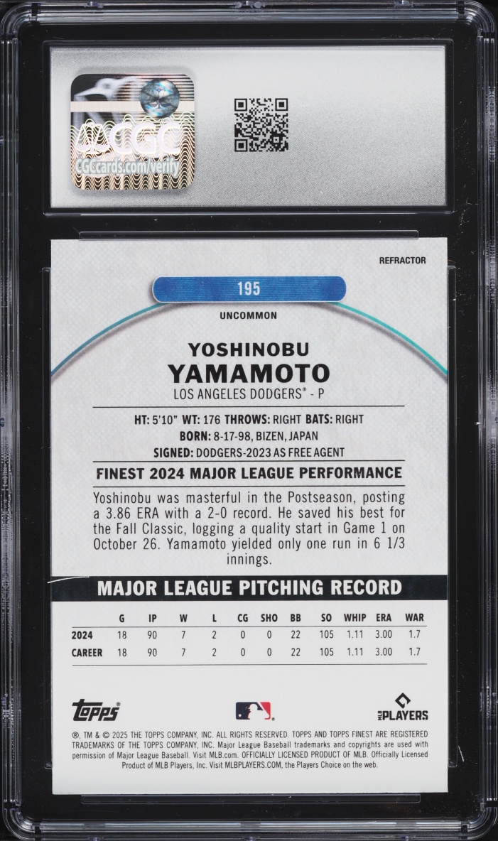2025 Finest Refractor Yoshinobu Yamamoto #195 CGC 9 MINT