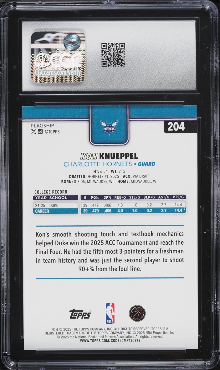 2025 Topps Basketball Kon Knueppel ROOKIE #204 CGC 10 GEM MINT