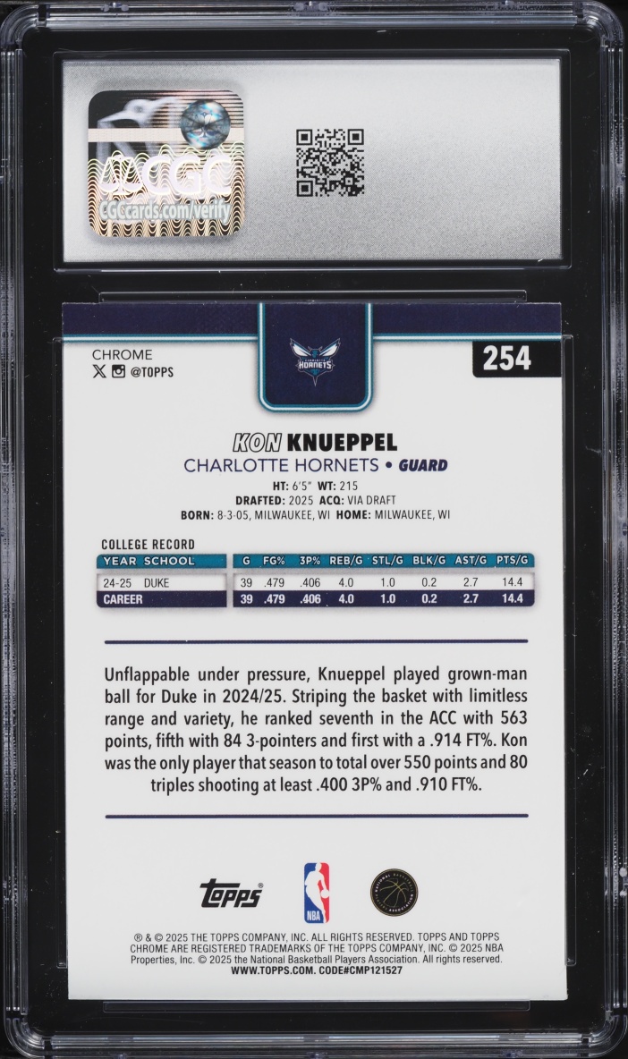 2025 Topps Chrome Kon Knueppel ROOKIE #254 CGC 10 GEM MINT