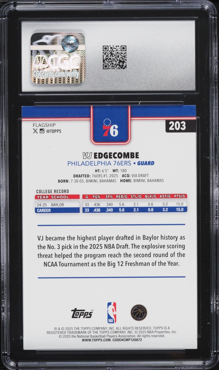2025 Topps Basketball VJ Edgecombe ROOKIE #203 CGC 10 GEM MINT