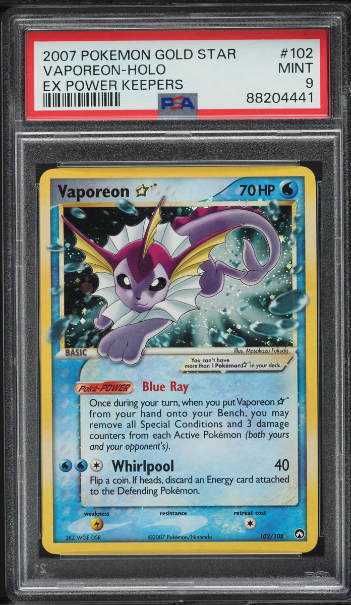 2007 Pokemon EX Power Keepers Holo Vaporeon Gold Star #102 PSA 9 MINT