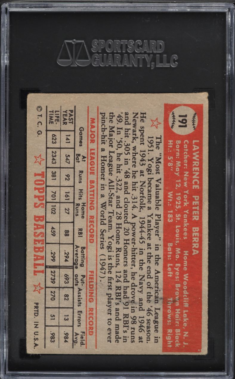 1952 Topps Yogi Berra #191 SGC 2.5 GD+