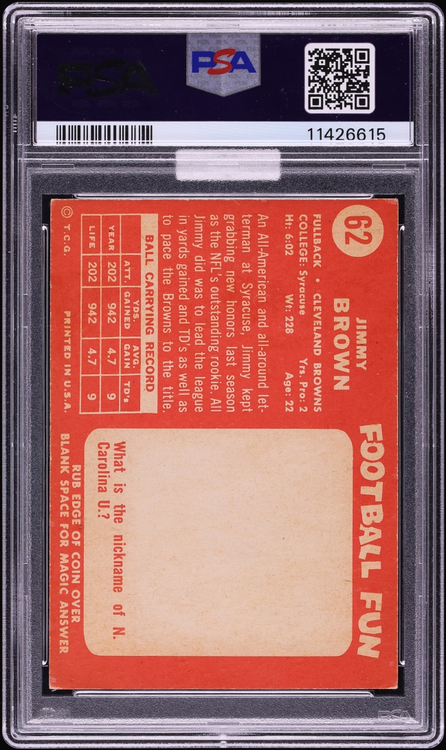 1958 Topps Football Jim Brown ROOKIE #62 MBA PSA 7 NRMT
