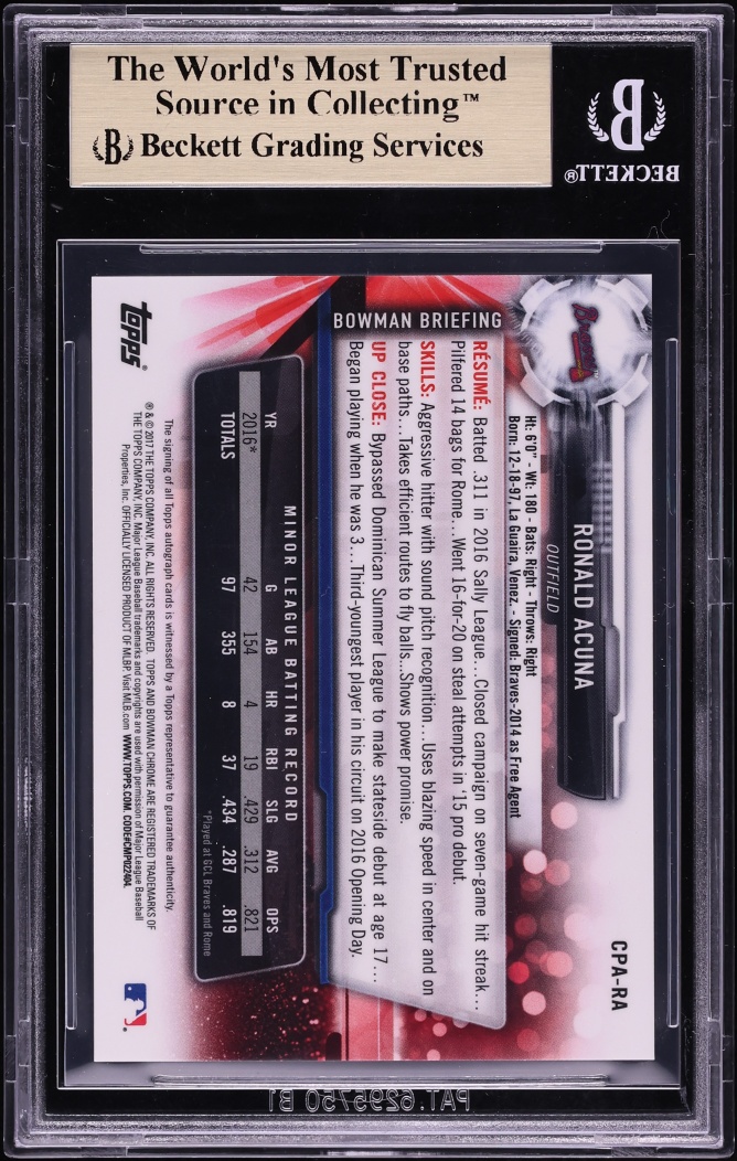 2017 Bowman Chrome Ronald Acuna Jr. PROSPECT AUTO #CPA-RA BGS 9.5 GEM MINT