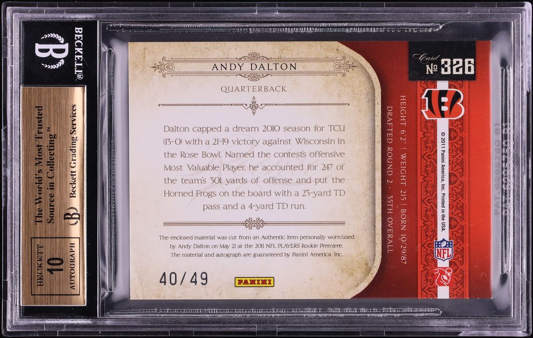2011 National Treasures Gold Andy Dalton ROOKIE PATCH AUTO /49 #326 BGS 9.5 GEM MINT
