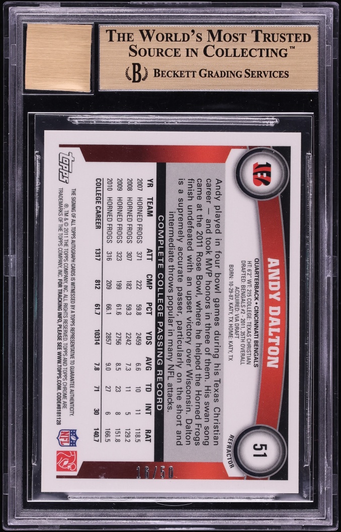 2011 Topps Chrome Crystal Atomic Refractor Andy Dalton ROOKIE AUTO /50 #51 BGS 9.5 GEM MINT