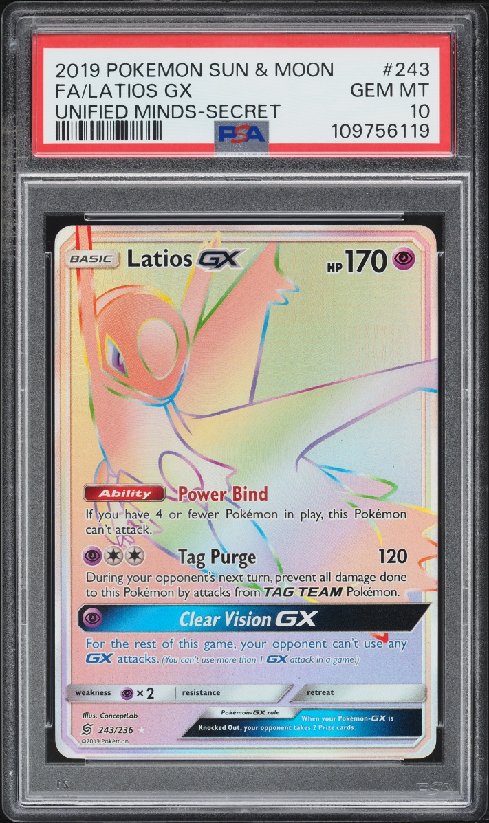 2019 Pokemon Sun & Moon Unified Minds Rainbow Rare Latios GX #243 PSA 10 GEM MINT