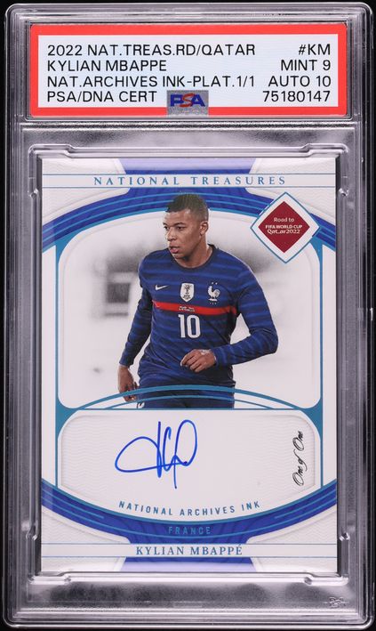 2022 National Treasures FIFA WC National Archives Platinum Kylian Mbappe AUTO DNA 10 1/1 PSA 9