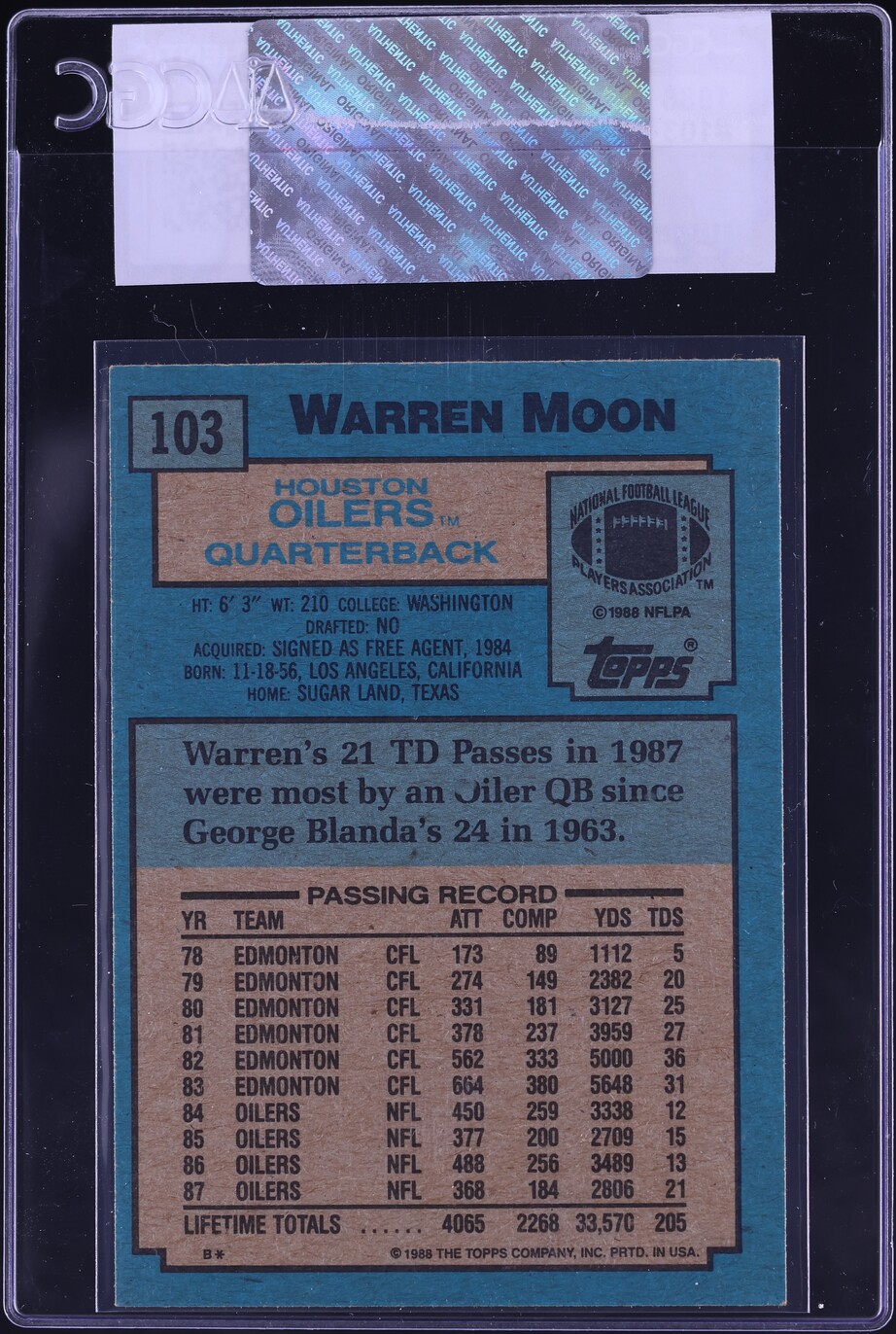 1988 Topps Football Warren Moon #103 CGC AUTH