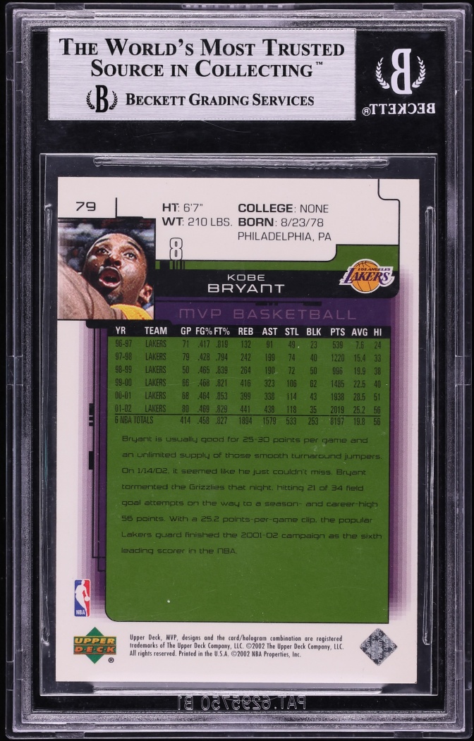 2002 Upper Deck MVP Classic Black Kobe Bryant #79 BGS 8.5 NM-MT+
