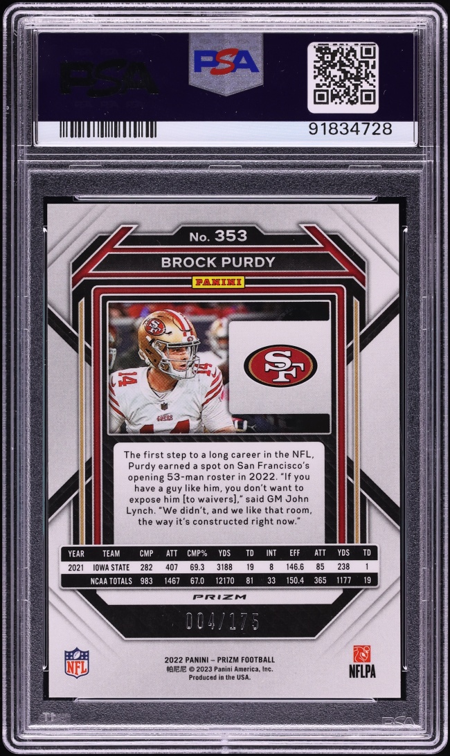 2022 Panini Prizm Hyper Brock Purdy ROOKIE /175 #353 PSA 10 GEM MINT