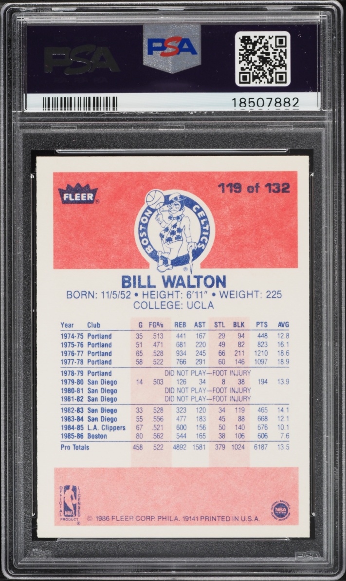 1986 Fleer Basketball Bill Walton #119 PSA 9 MINT