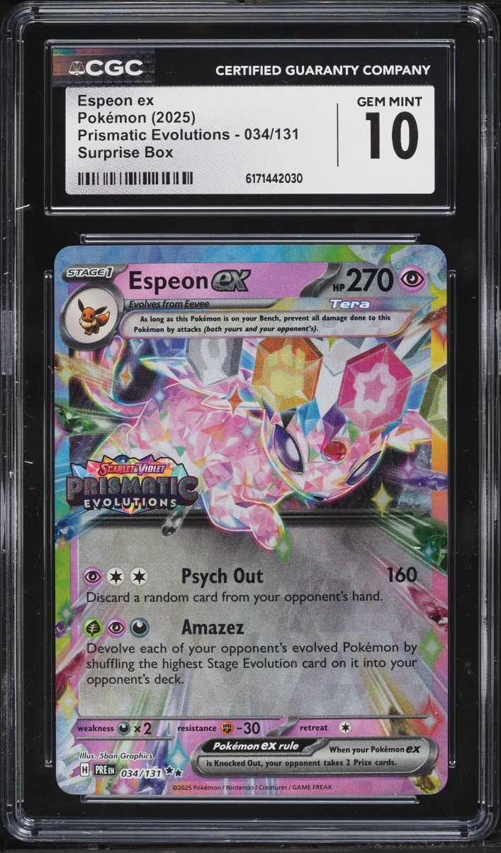 2025 Pokemon Scarlet & Violet Prismatic Evolutions Surprise Box Holo Espeon ex #34 CGC 10 GEM