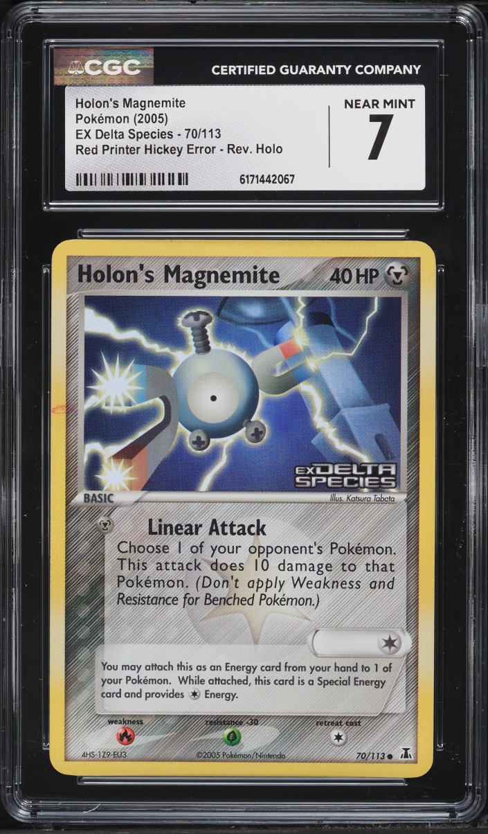 2005 Pokemon EX Delta Species Red Printer Hickey Error Reverse Holo Holon's Magnemite #70 CGC 7