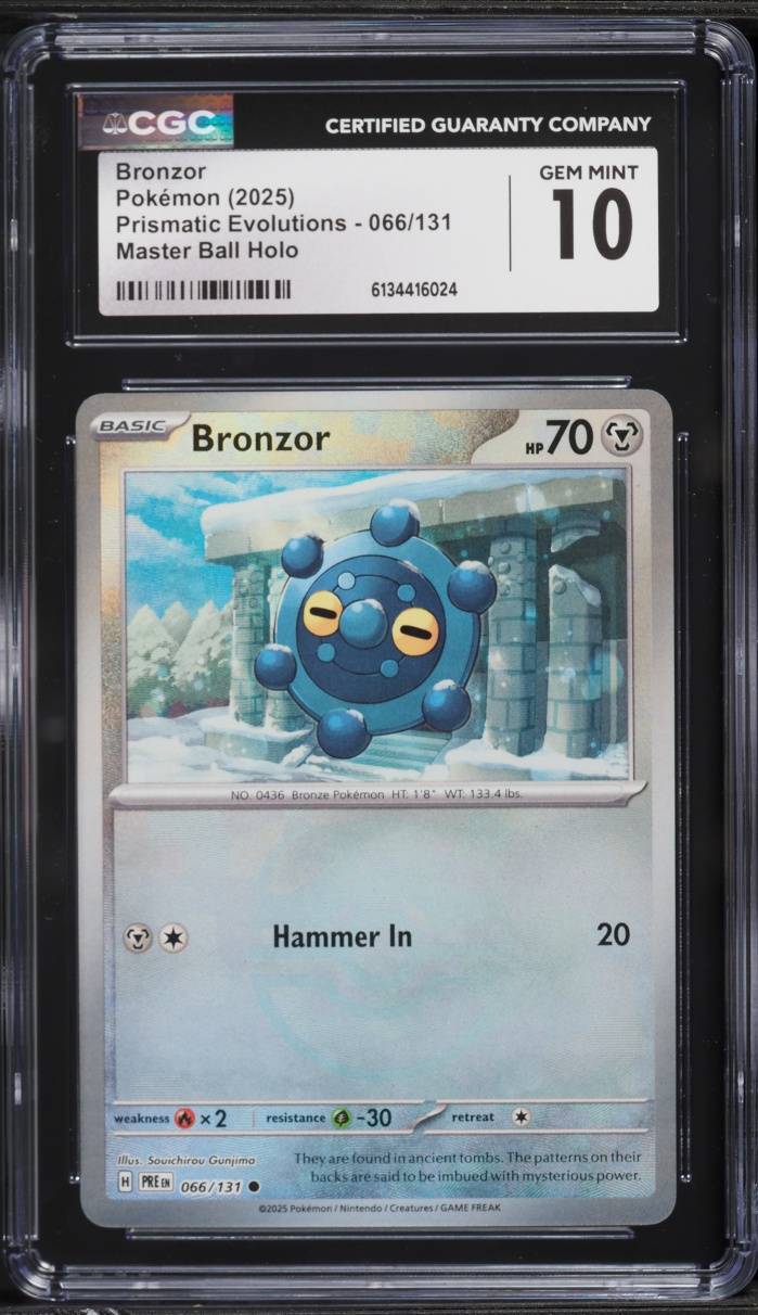 2025 Pokemon Scarlet & Violet Prismatic Evolutions Master Ball Holo Bronzor #66 CGC 10 GEM MINT