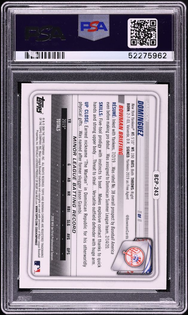 2020 Bowman Chrome Jasson Dominguez PROSPECT #BCP243 PSA 10 GEM MINT