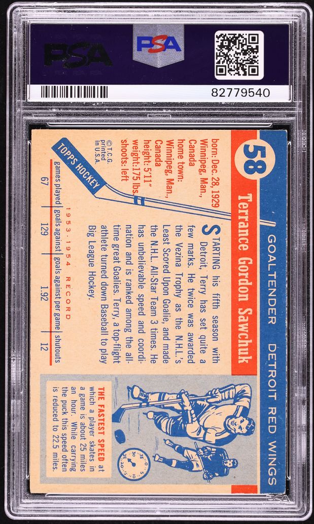 1954 Topps Hockey Terry Sawchuk #58 PSA 6 EXMT