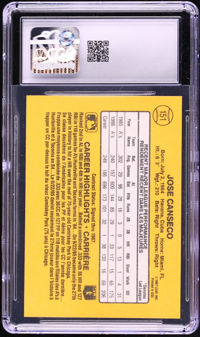 1987 Leaf Jose Canseco #151 CGC 8 NM-MT
