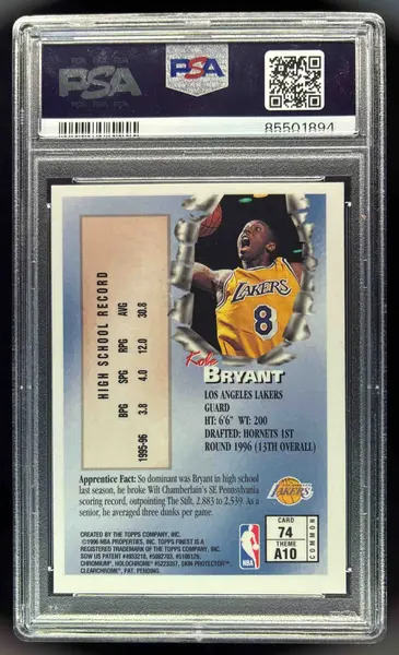 【PSA 9】1996 コービー・ブライアント #74 with coating Kobe Bryant Rookie 1996 Topps Finest #74 Mint PSA 9 HALL OF
