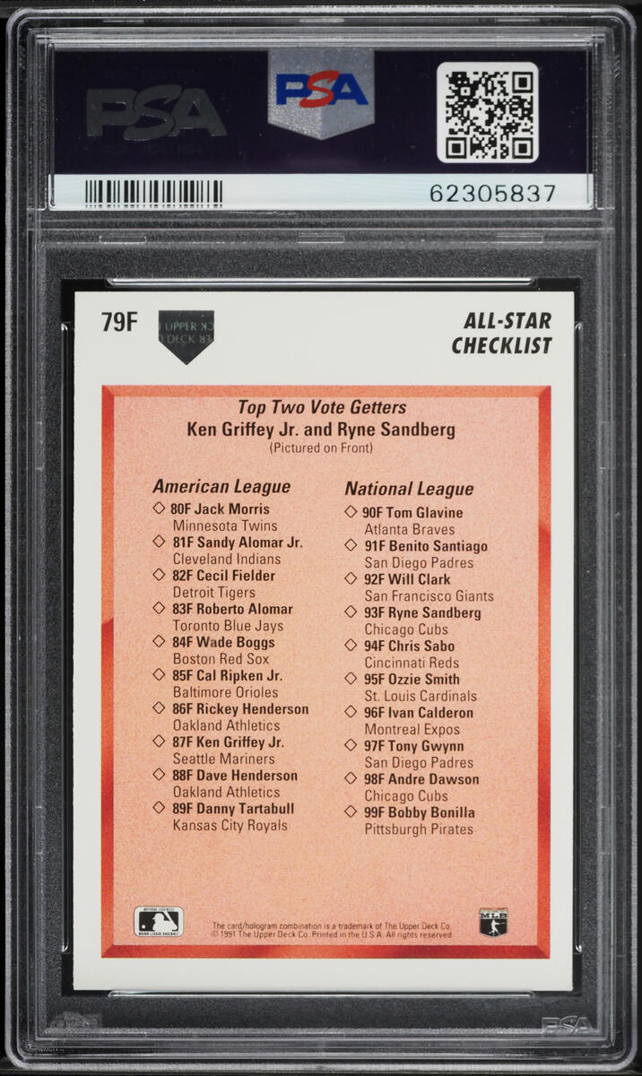1991 UD Final Edition All-Star Checklist Ken Griffey & Ryne Sandberg #79F PSA 8