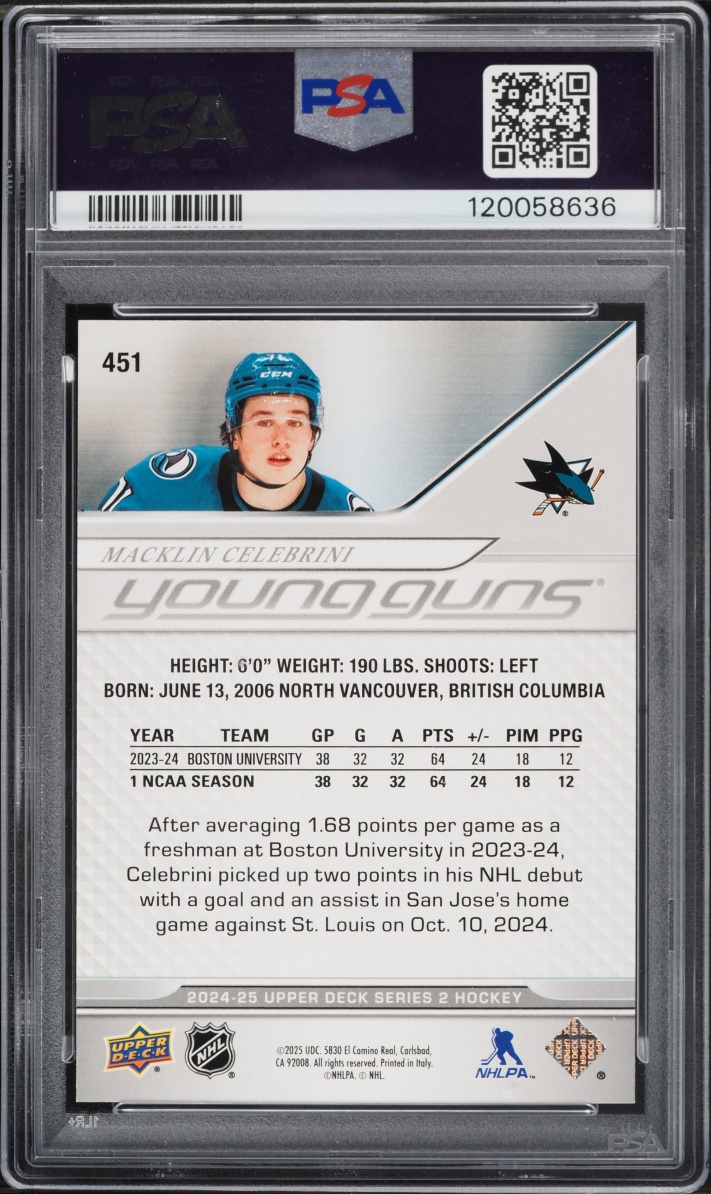 2024 Upper Deck Young Guns Macklin Celebrini ROOKIE #451 PSA 10 GEM MINT
