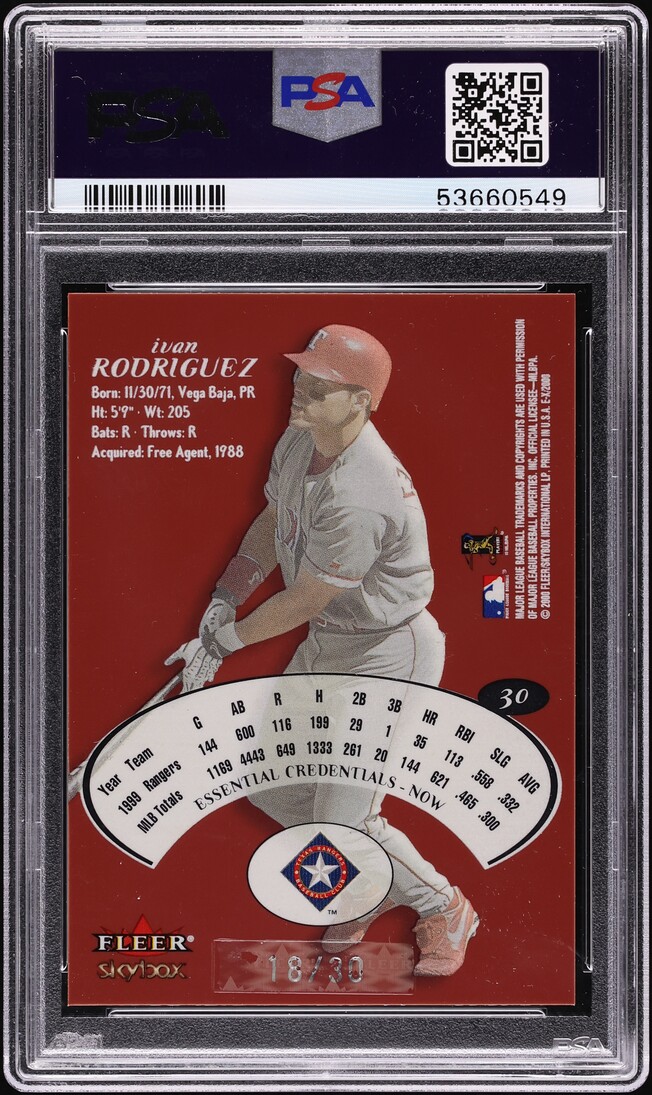 2000 Skybox E-X Essential Credentials Now Ivan Rodriguez /30 #30 PSA 10 GEM MINT - Photo 2