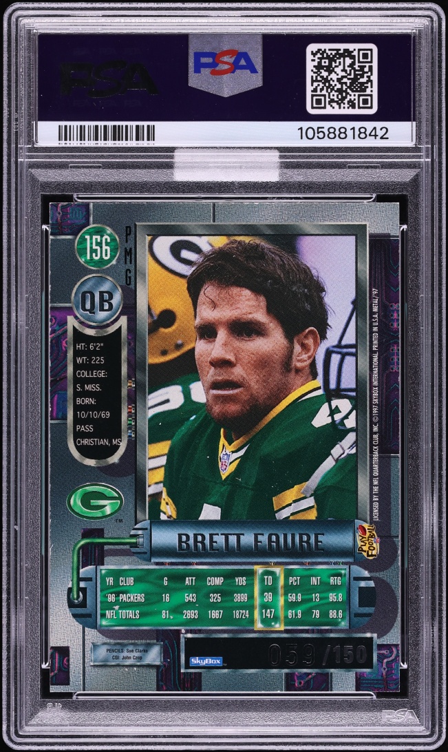 1997 Metal Universe Precious Metal Gems PMG Red Brett Favre /150 #156 MBA PSA 7 NRMT - Photo 2