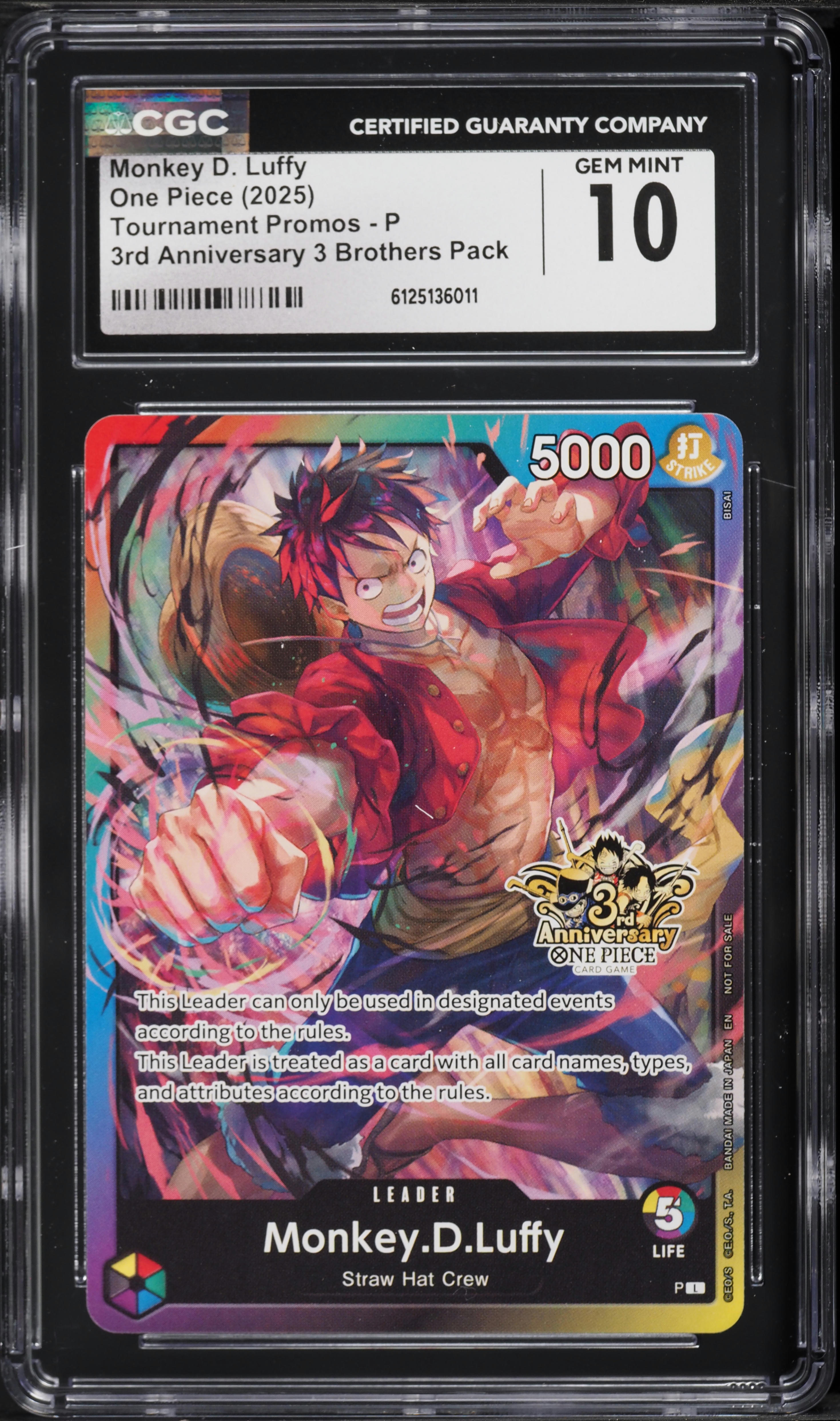 2025 One Piece Tournament Promo 3rd Anniversary 3 Brothers Monkey D. Luffy CGC 10 GEM MINT