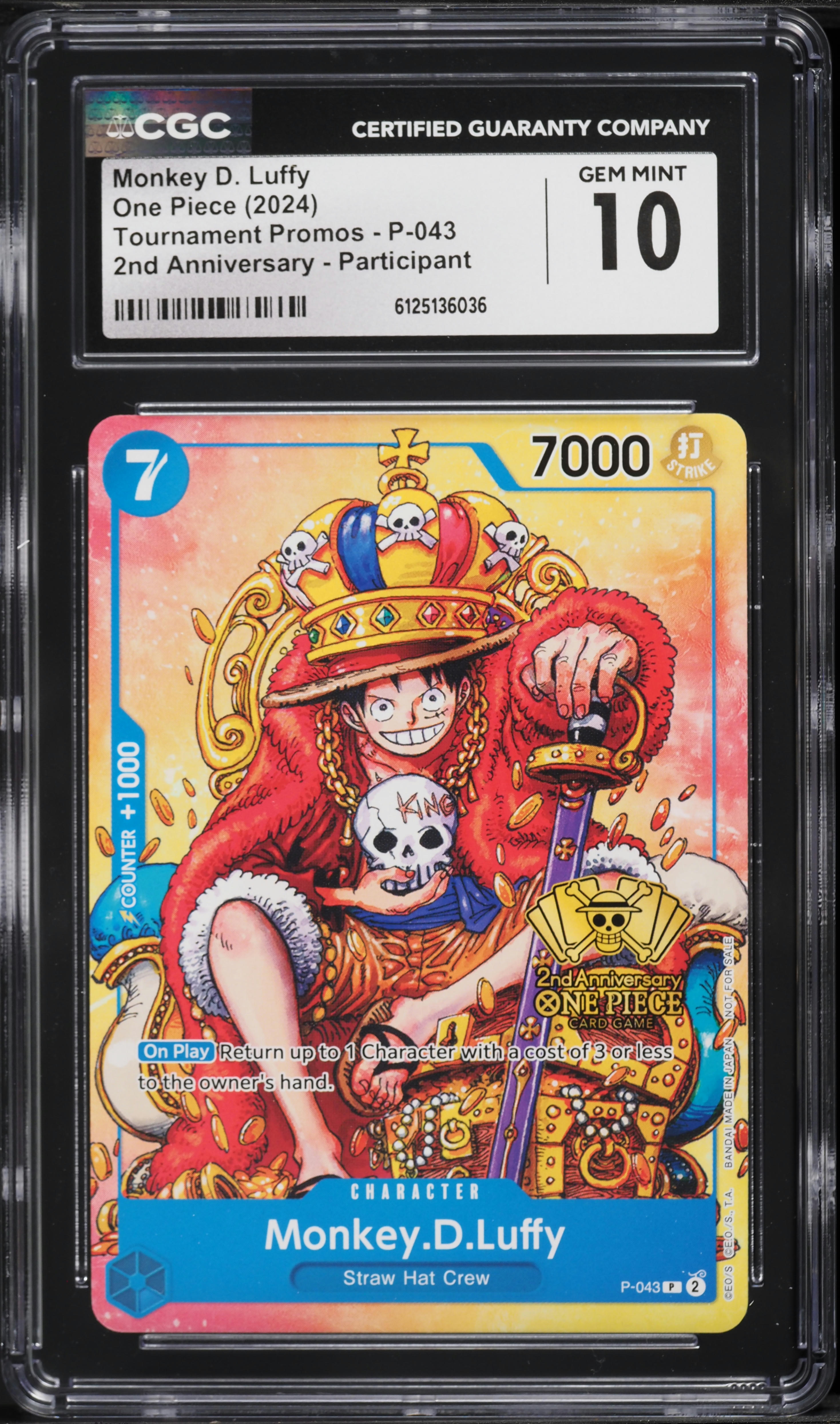 2024 One Piece Tournament Promo 2nd Anniversary Monkey D. Luffy #P-043 CGC 10 GEM MINT