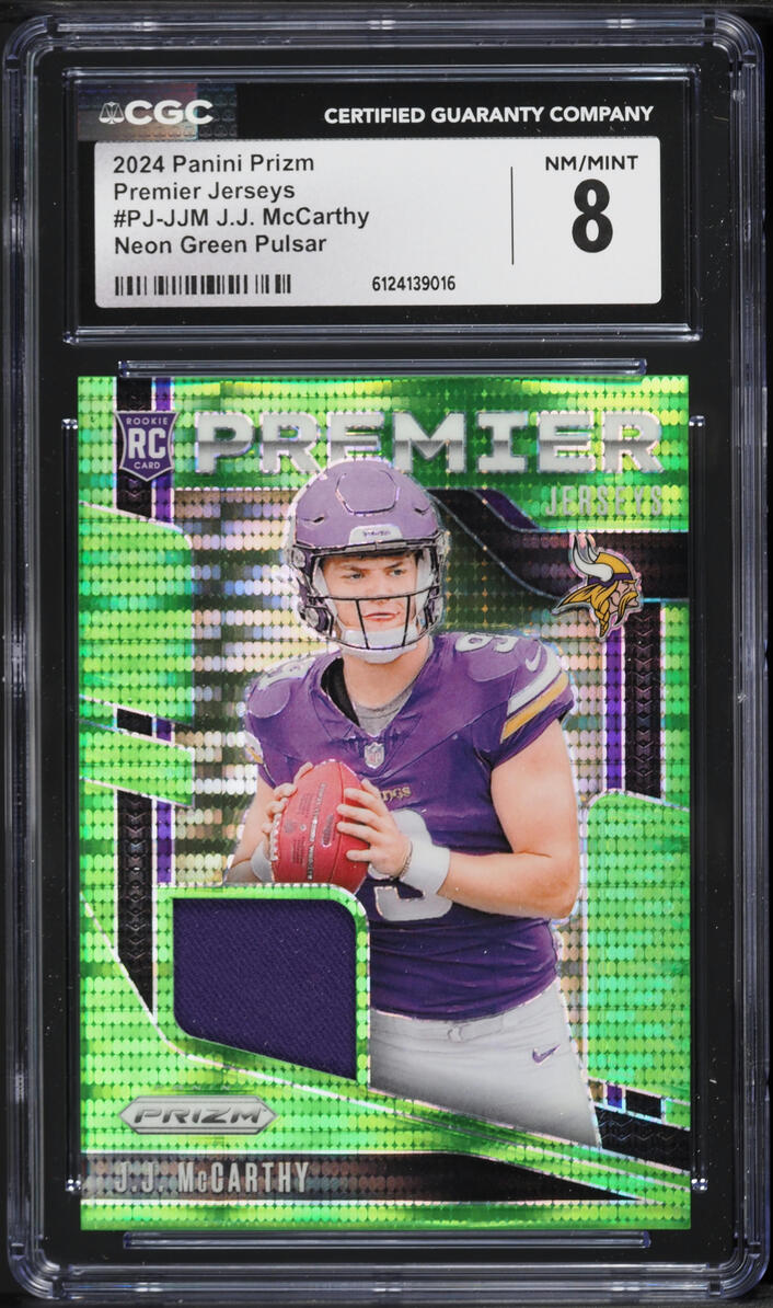 2024 Panini Prizm Premier Neon Green Pulsar J.J. McCarthy ROOKIE PATCH #PJ-JJM CGC 8 NM-MT