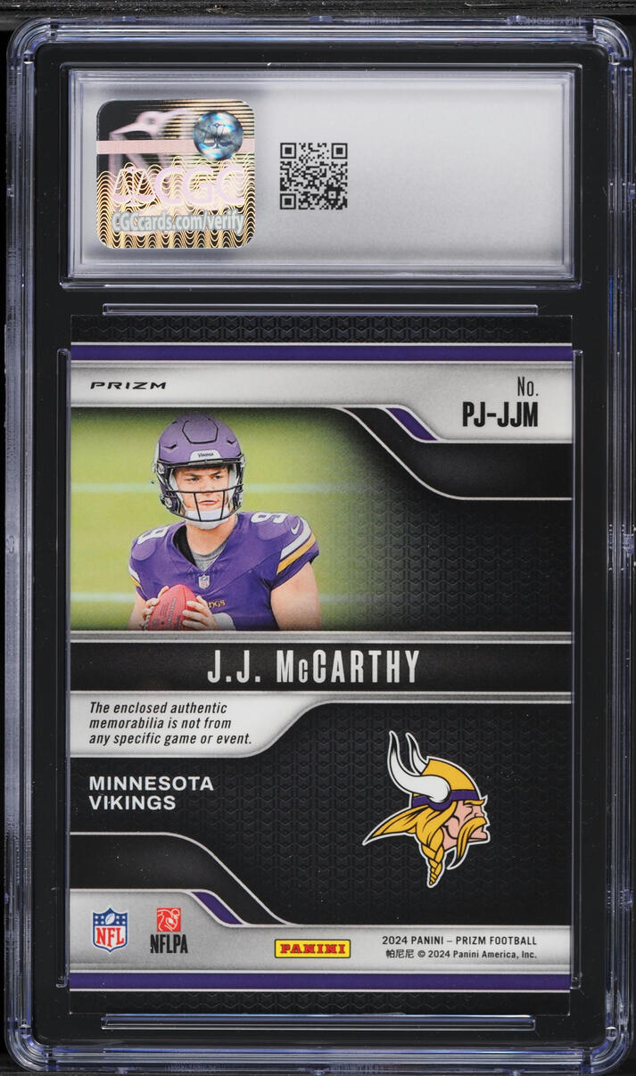 2024 Panini Prizm Premier Neon Green Pulsar J.J. McCarthy ROOKIE PATCH #PJ-JJM CGC 8 NM-MT
