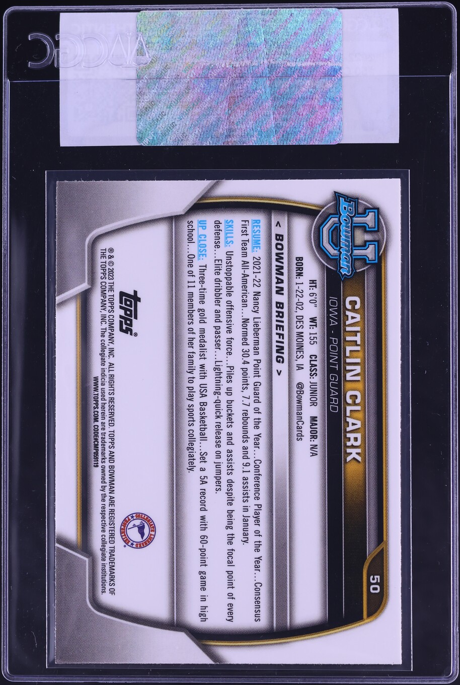 2022 Bowman Chrome University Caitlin Clark ROOKIE #50 CGC AUTH