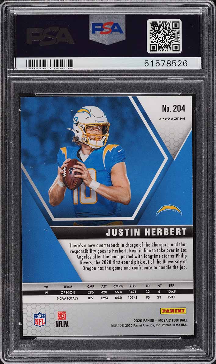 2020 Panini Mosaic Prizm Justin Herbert ROOKIE #204 PSA 10 GEM MINT