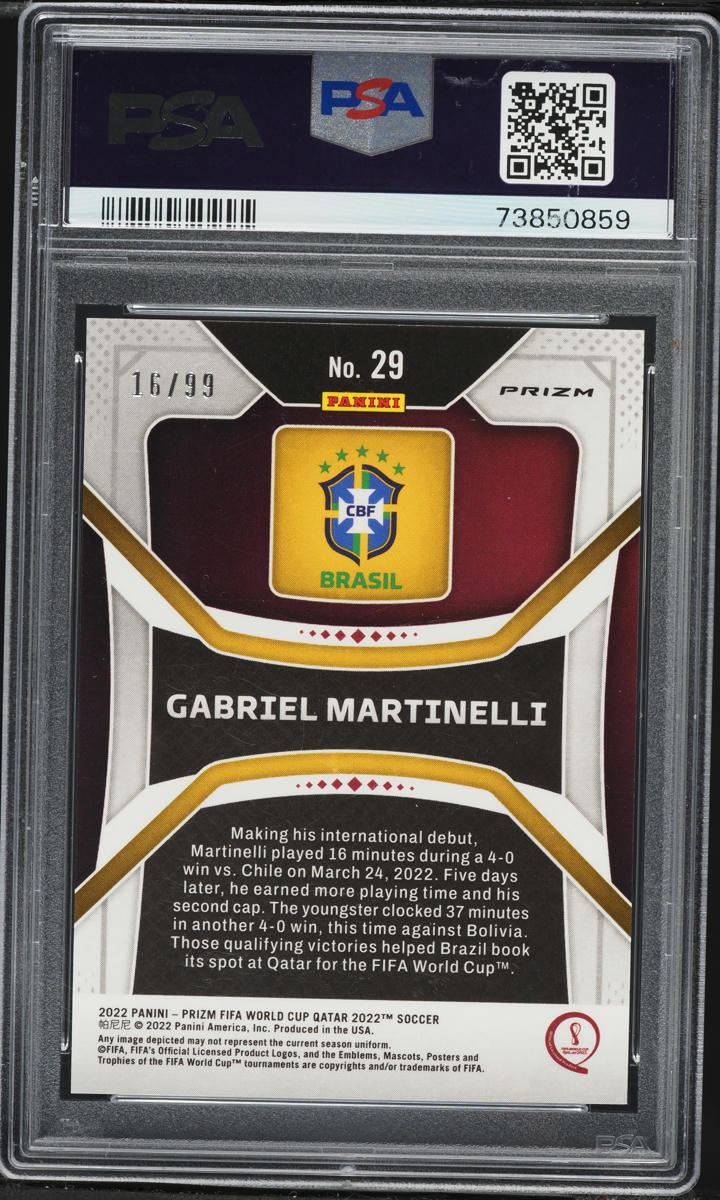2022 Panini Prizm World Cup Purple Wave Gabriel Martinelli ROOKIE /99 #29 PSA 9 MINT
