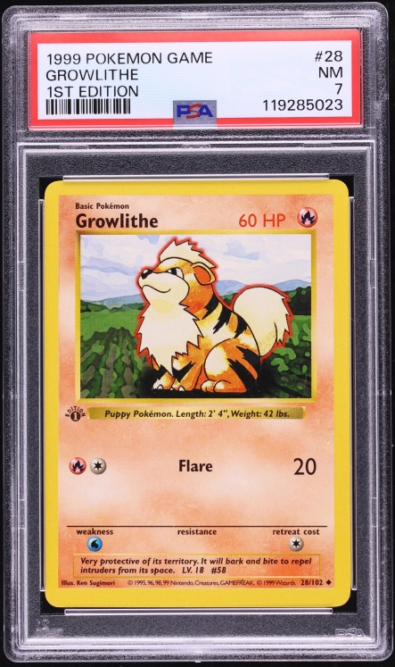 1999 Pokemon Base Set Shadowless 1st Edition Growlithe #28 PSA 7 NRMT