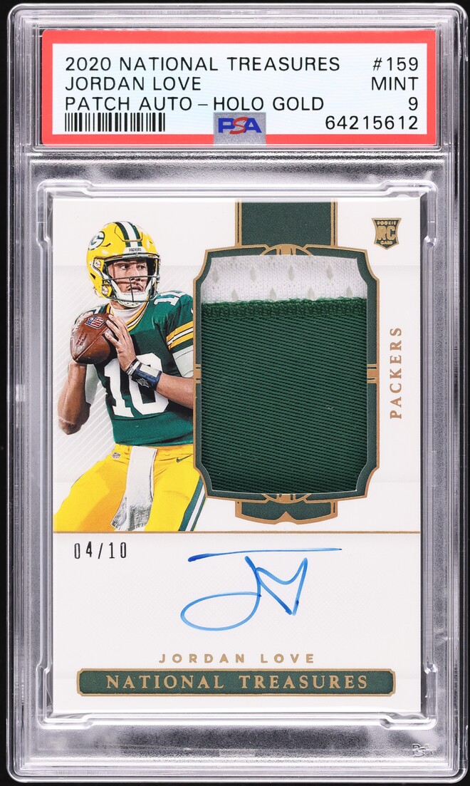 2020 National Treasures Holo Gold Jordan Love ROOKIE PATCH AUTO /10 #159 PSA 9