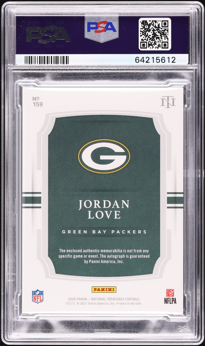 2020 National Treasures Holo Gold Jordan Love ROOKIE PATCH AUTO /10 #159 PSA 9
