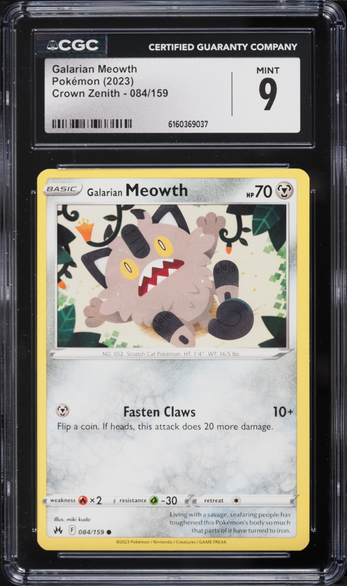 2023 Pokemon Sword & Shield Crown Zenith Galarian Meowth #084 CGC 9 MINT