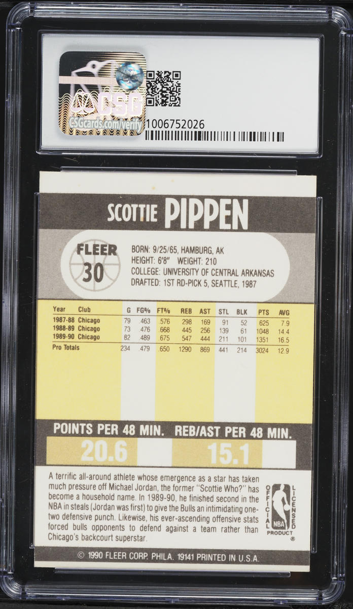 1990 Fleer Basketball Scottie Pippen #30 CSG 6 EXMT