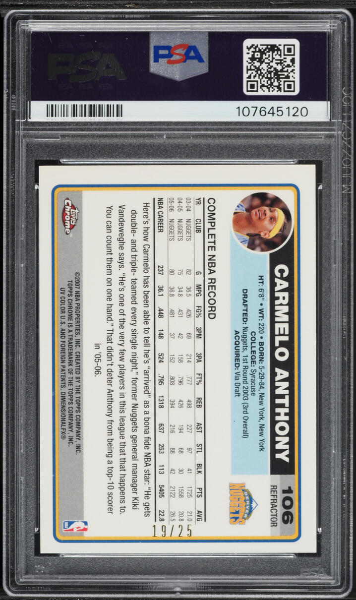 2006 Topps Chrome Gold Refractor Carmelo Anthony /25 #106 PSA 9 MINT - Photo 2