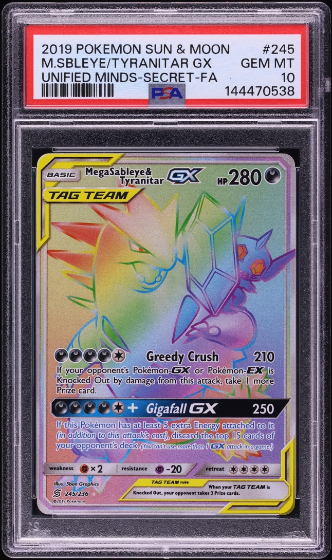 2019 Pokemon Sun & Moon Unified Minds Rainbow Rare Mega Sableye & Tyranitar GX #245 PSA 10 GEM